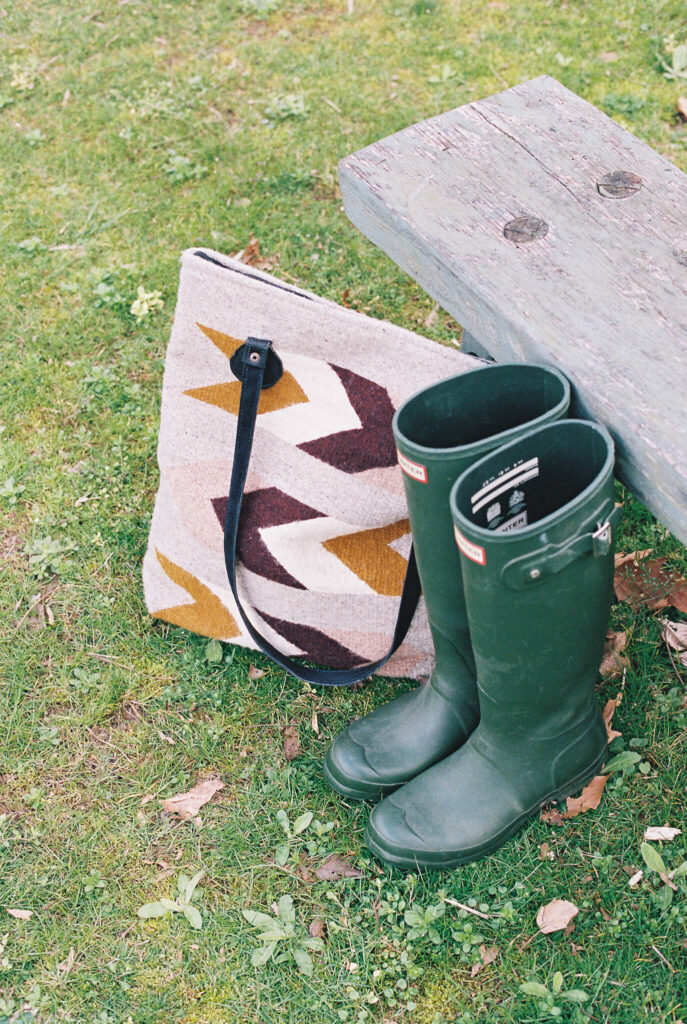 Hunter boots and handmade bag